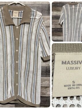 Massive Luxury Crochet Knit Striped Button-Up Collared Top Sweater Men’s Small